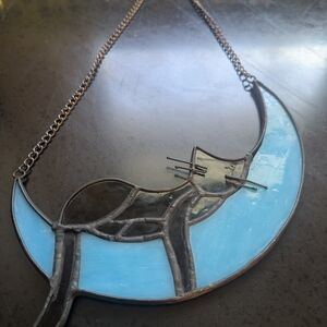 COPY - Stained Gllass Black Cat on Blue Crescent Moon Suncatcher